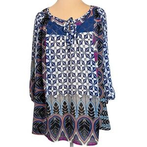 Figueroa & Flower Anthropologie Blue Boho Floral Patterned Lace Blouse Size XL